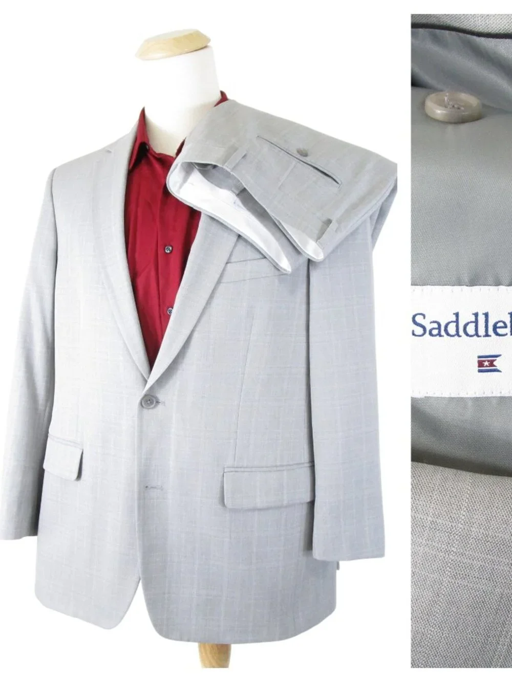 Saddlebred Mens Light Gray Plaid Two Button Suit Size 44R Pants 36 X 30